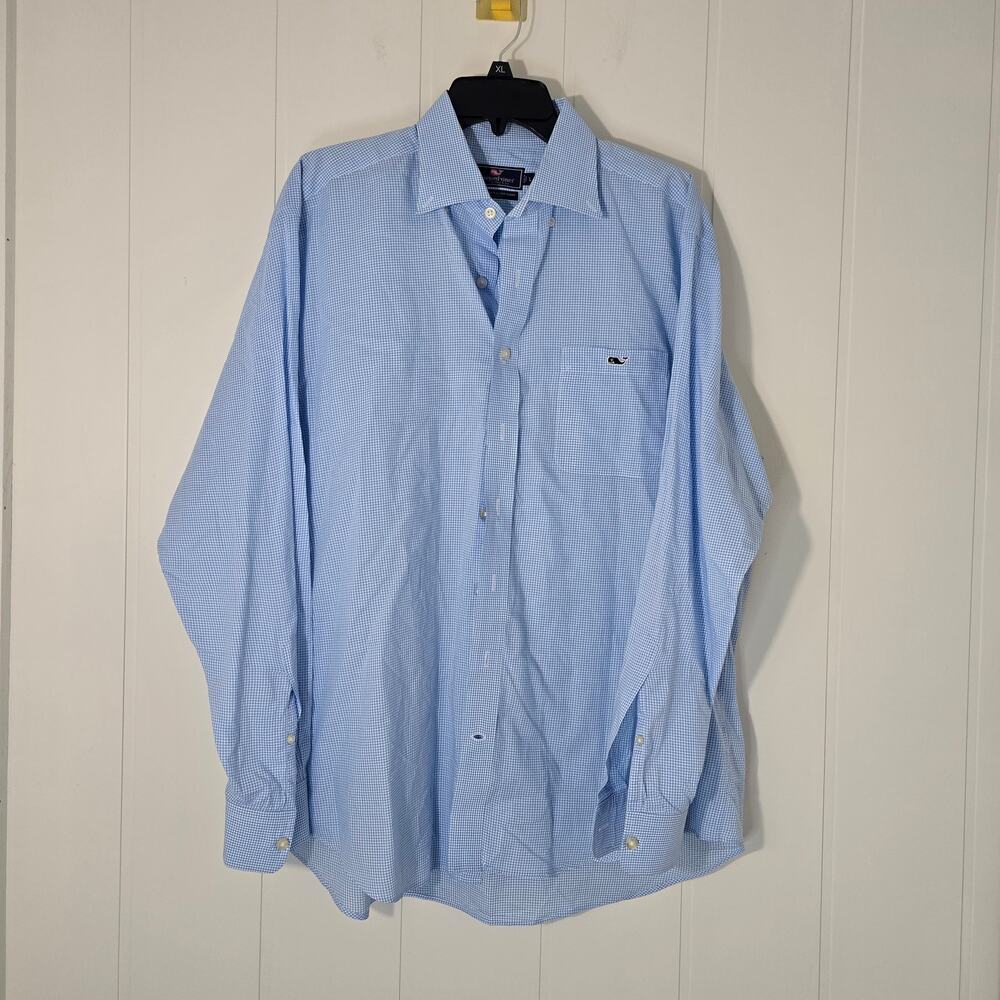 Vineyard Vines Check Print Blue Button Down Shirt, Long Sleeve, Size Large